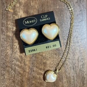 Vintage Monet Gold Cream Pearl Heart Earring and Necklace Set